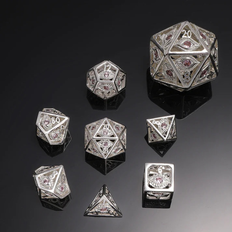Mini-Dragon's Eye Hollow Metal Dice Set - Pink Gems