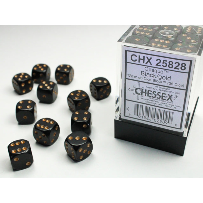 12mm D6 Brick: Opaque - Black/Gold (36)