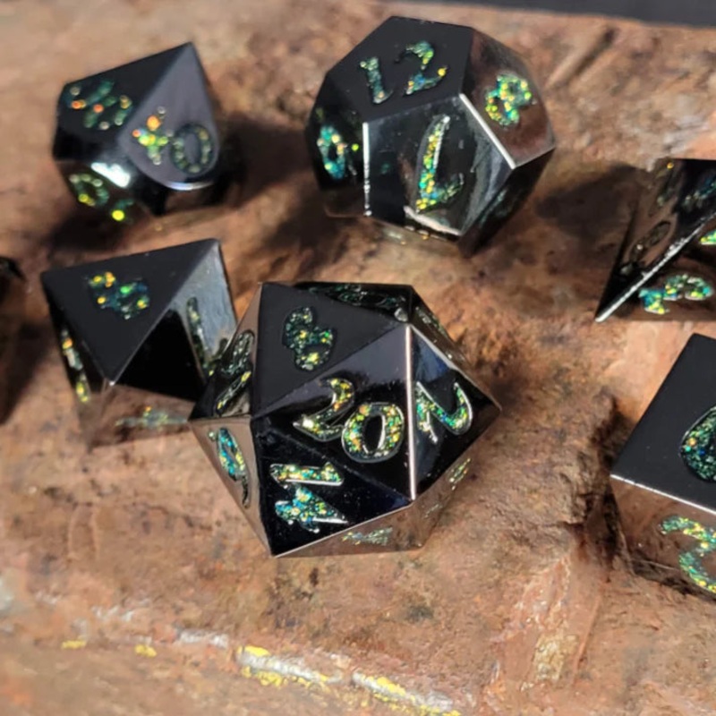 Forged Lore Gunmetal with Green Mica 7-Piece Metal Dice Set