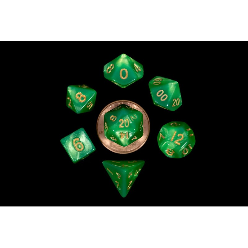 Mini Polyhedral Dice Set: Green/Light Green w/ Gold Numbers