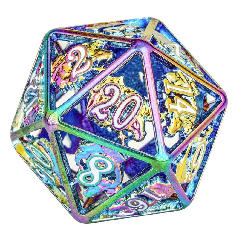 Rainbow with White Enamel Hollow Metal Dragon Dice Set
