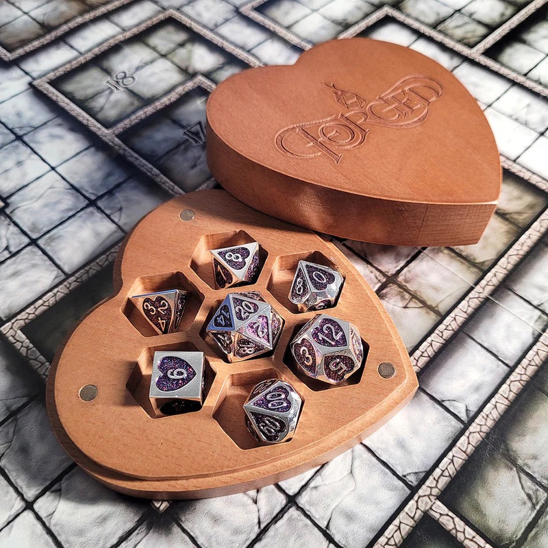 Soaring Heart Set of 7 Heart-Shaped Metal RPG Dice and Heart Dice Box - Brown Heart Box
