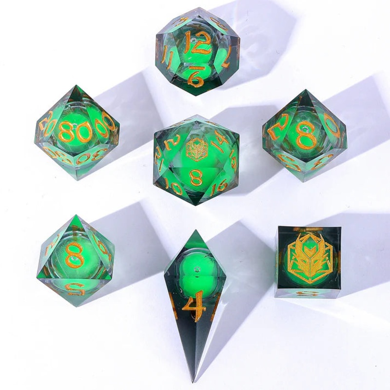 Sharp Edged Liquid Core Dice Set: Glow In the Dark Green