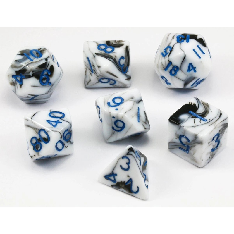 Mini Polyhedral Dice Set: Marble w/ Blue Numbers
