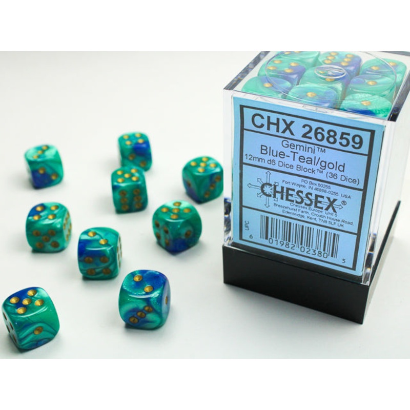 12mm D6 Brick: Gemini - Blue-Teal/Gold (36)