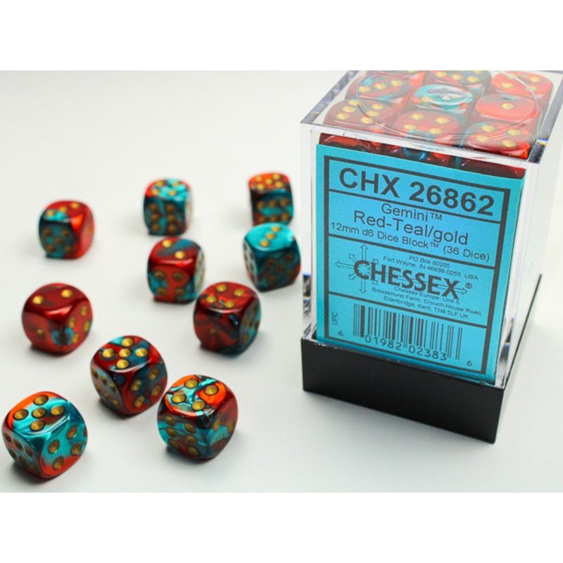 12mm D6 Brick: Gemini - Red-Teal/Gold (36)