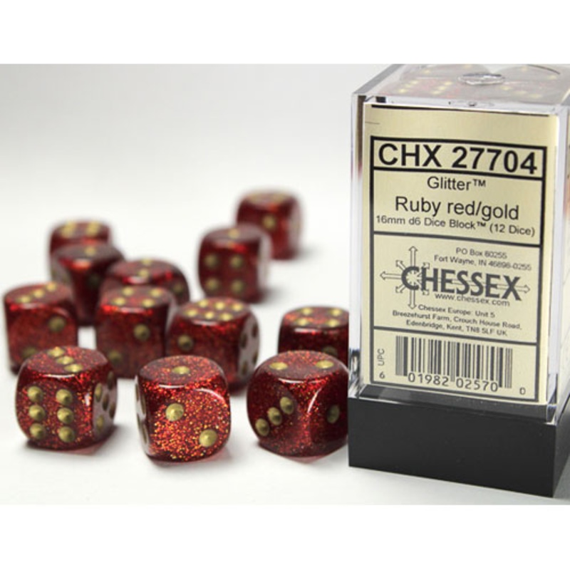 16mm D6 Brick: Glitter - Ruby Red/Gold (12)