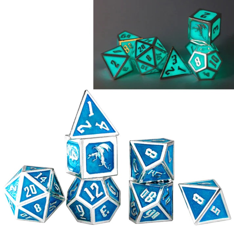 Draconis Metal Dice: Glow in the Dark Blue