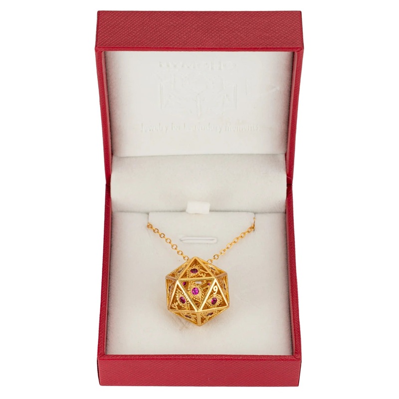 Dragon's Eye D20 Dice Necklace: Gold w/Ruby Red