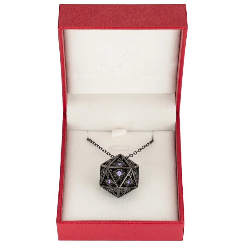 Dragon's Eye D20 Dice Necklace: Gunmetal w/ Purple Gems