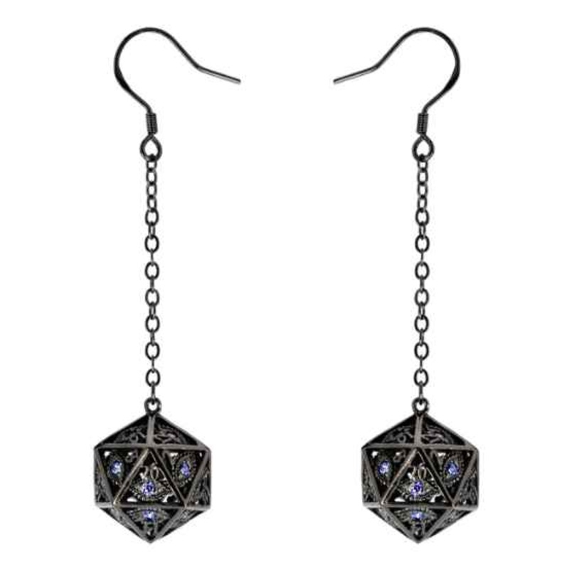 Dragon's Eye D20 Earrings: Gunmetal with Purple Gems