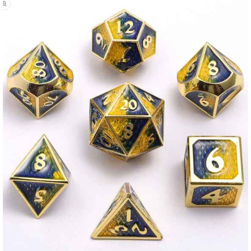 Mini Behemoth Metal RPG Dice Set: Gold Yellow & Blue