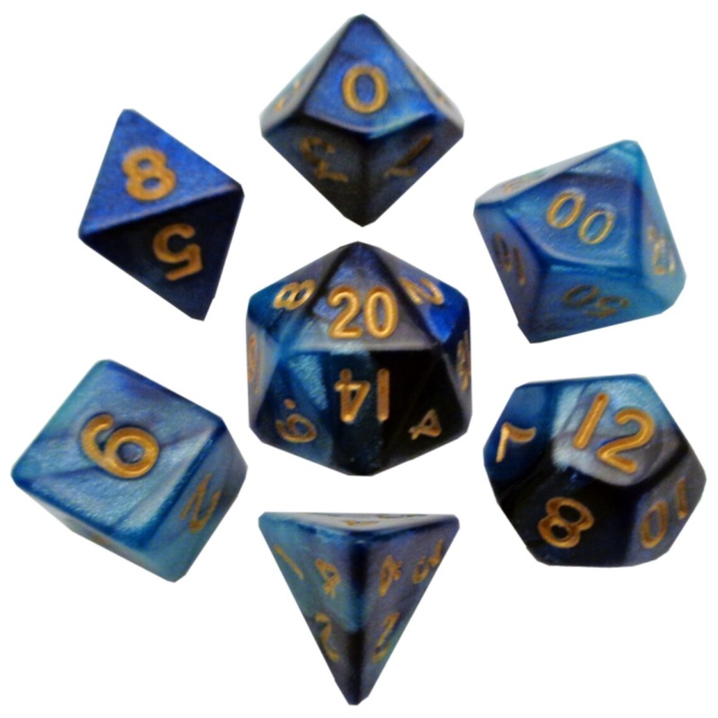 Mini Polyhedral Dice Set: Dark Blue/Light Blue with Gold Numbers