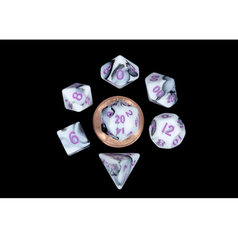 Mini Polyhedral Dice Set: Marble with Purple Numbers
