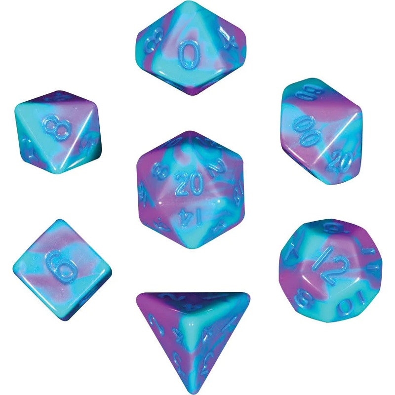 Mini Polyhedral Dice Set: Purple/Teal with Blue Numbers