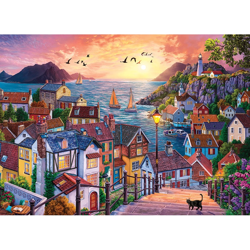 Coastal Town at Sunset